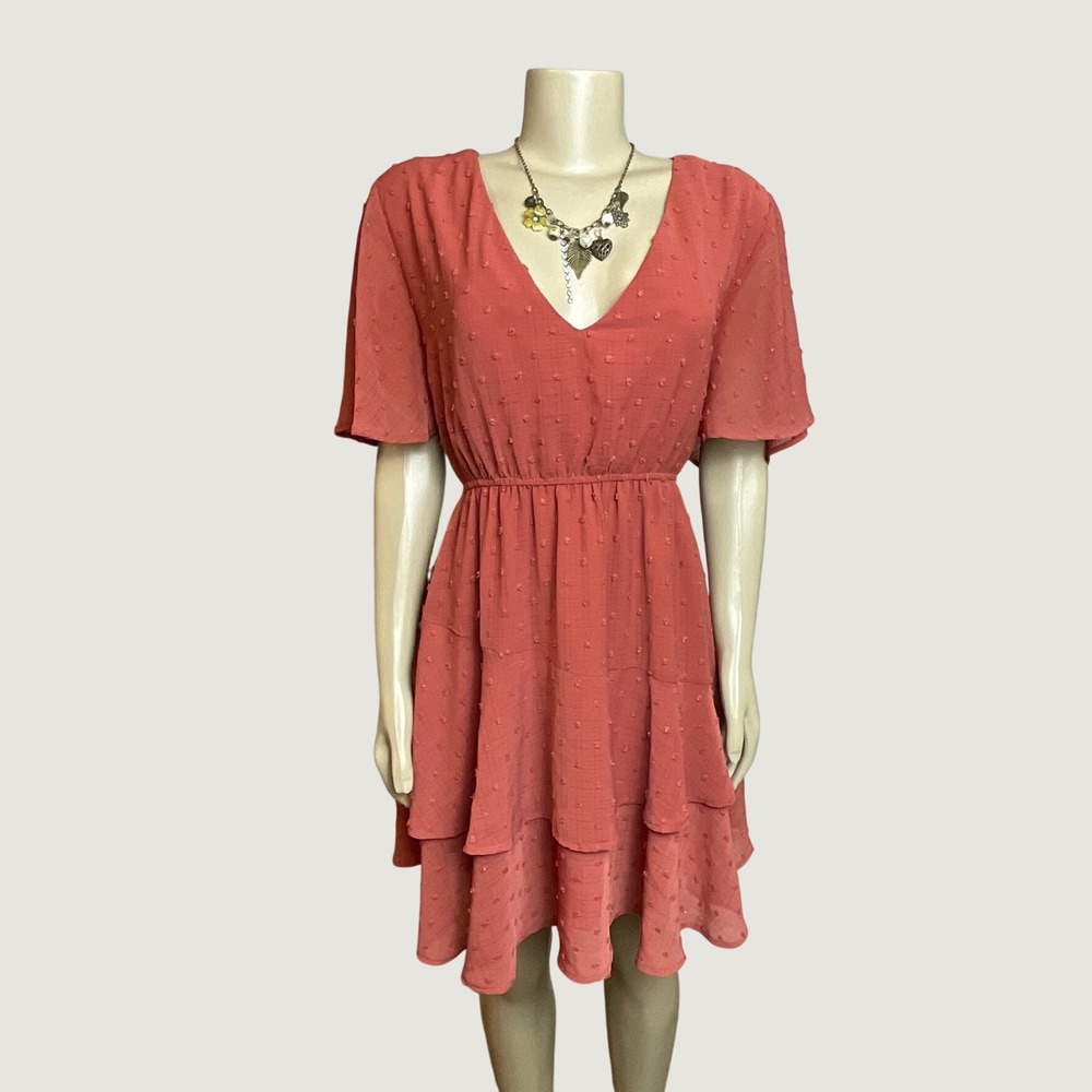 Arula Swiss Dot V-Neck Tiered Ruffle Dress Terracotta Coral Short Sleeve, Size X